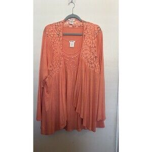 Masseys Coral Plus Size 3X Floral Crochet Beaded 2 Piece Top Cardigan Set